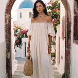 Bohemian Style Off-the-shoulder Pleated Ivory Long Dress