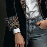 Timeless Vintage Luxury Black Velvet Blazer With Baroque Printed Lapel