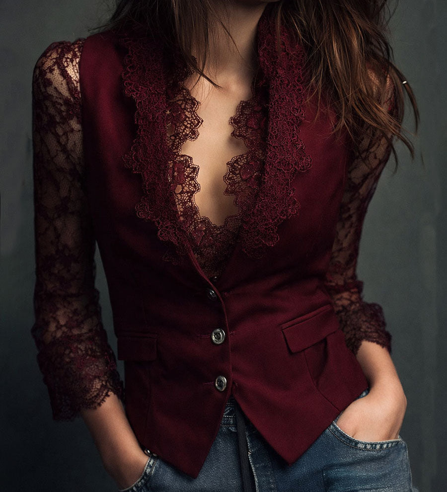 Elegant Black Lace Panel Sleeve Blazer Top