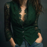 Elegant Black Lace Panel Sleeve Blazer Top