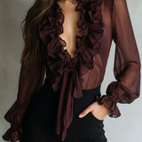Retro Plum Sheer Ruffled Tie-Front Chiffon Blouse