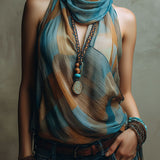 Boho Blue And Amber Chiffon Halter Blouse With Scarf Neck
