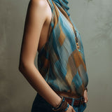 Boho Blue And Amber Chiffon Halter Blouse With Scarf Neck