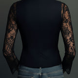 Elegant Black Lace Panel Sleeve Blazer Top