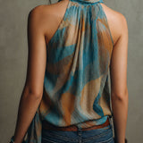 Boho Blue And Amber Chiffon Halter Blouse With Scarf Neck