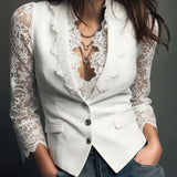 Elegant Black Lace Panel Sleeve Blazer Top