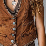 Washed Caramel Denim With Brass Button Stitching Vest