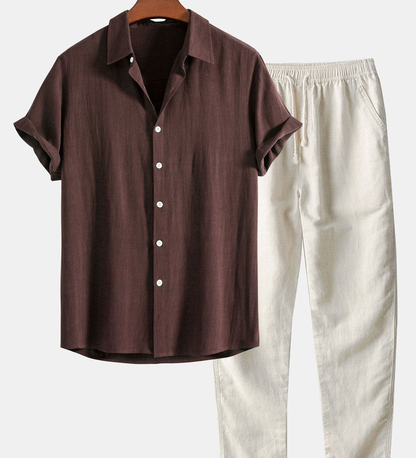 Linnen Rayon Mix Knopen Shirt & Rechte Pijpen Linnen Broek