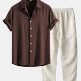 Linnen Rayon Mix Knopen Shirt & Rechte Pijpen Linnen Broek