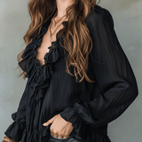 Romantic Bohemian Ruffle Trim V-Neck Lightweight Black Blouse