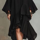 Elegant Asymmetric Ruffle Black Boho Midi Dress