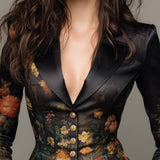 Elegant Oil Painting-style Floral Print Fitted Satin Blazer