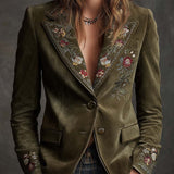 Olive Green Velvet Blazer With Intricate Floral Embroidery