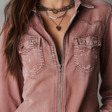 Western Soft Faded Dusty Rose Washed Denim Zip Shirt