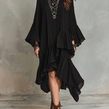 Elegant Asymmetric Ruffle Black Boho Midi Dress