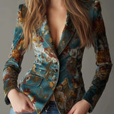 Vintage Teal Floral Velvet Tailored Blazer