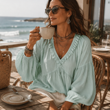 Soft Boho Ruffled V-Neck Relaxed Blouse