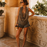 Earth-Tone Double-Layer Mesh Knit Halter Top