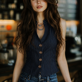 Vintage Henley Neck Sleeveless Striped Tank Top