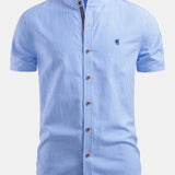 Short Sleeve Cotton Stripe Stand Collar Shirt & Straight Leg Linen Pants