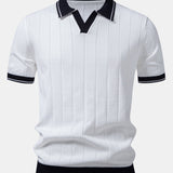 Contrast Trim Ribbed Johnny Collar Knit Polo & Slim Fit Tapered Trousers