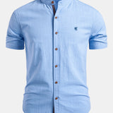 Short Sleeve Linen Look Stand Collar Shirt & Straight Leg Linen Pants