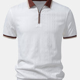 Contrast Trim Textured Zipper Knit Polo & Elastic Waist Straight Leg Trousers