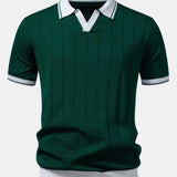 Contrast Trim Ribbed Johnny Collar Knit Polo & Slim Fit Tapered Trousers
