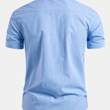 Short Sleeve Linen Look Stand Collar Shirt & Crinkle Textured Straight Leg Pants
