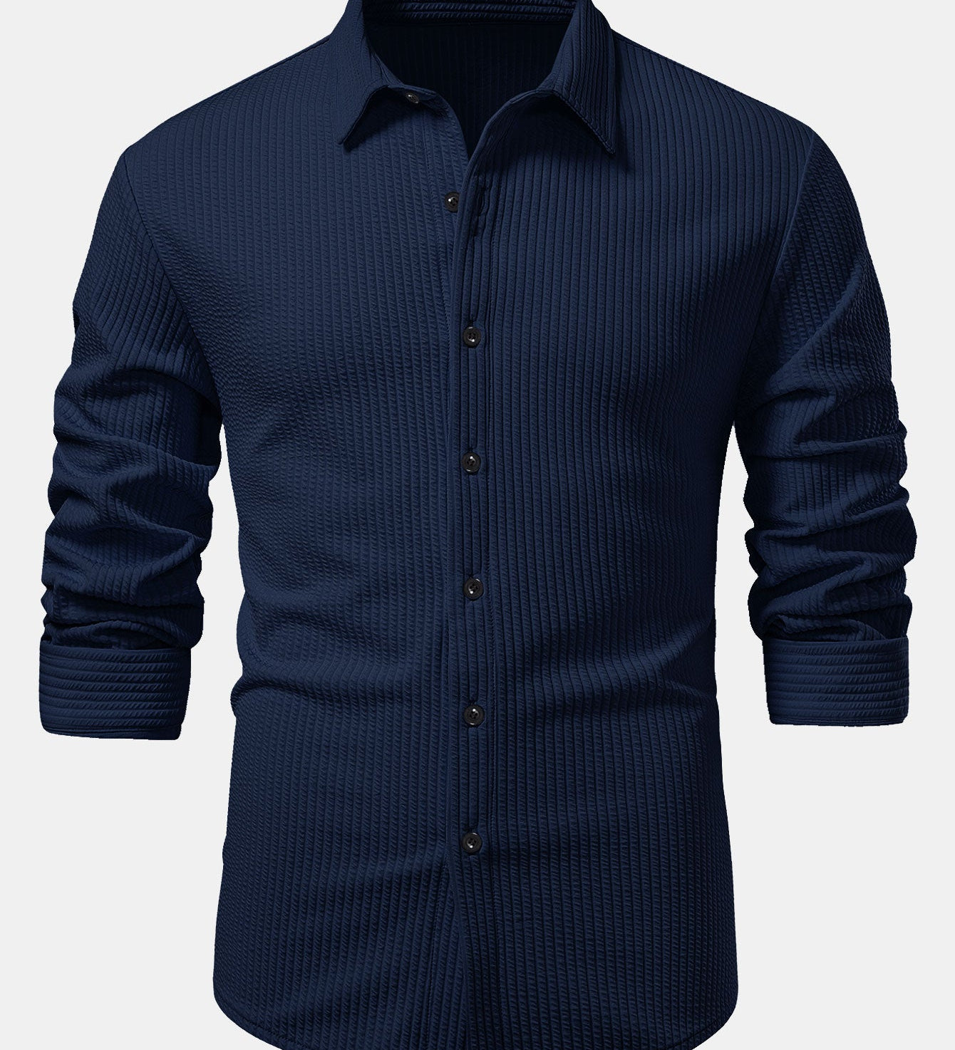 Ribbed Long Sleeve Muscle-Fit Button-Up Shirt