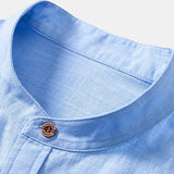Short Sleeve Linen Look Stand Collar Shirt & Crinkle Textured Straight Leg Pants