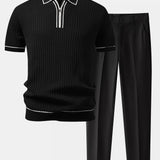 Contrast Trim Waffle Zipper Knit Polo & Slim Fit Tapered Trousers