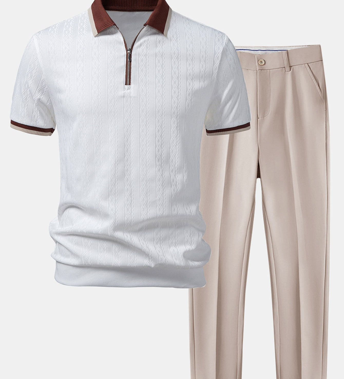 Contrast Trim Textured Zipper Knit Polo & Slim Fit Tapered Trousers