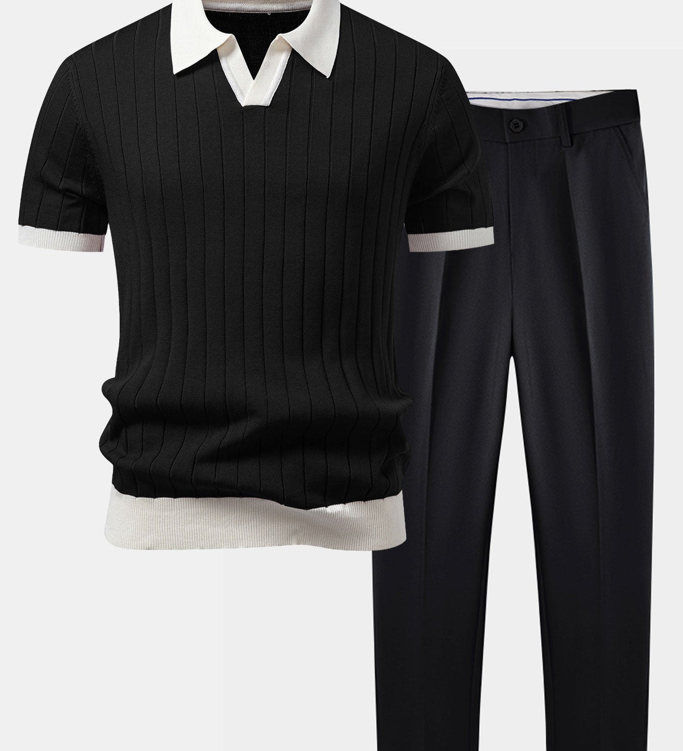 Contrast Trim Stripe Johnny Collar Polo & Slim Fit Tapered Trousers
