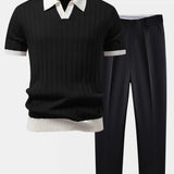Contrast Trim Stripe Johnny Collar Polo & Slim Fit Tapered Trousers