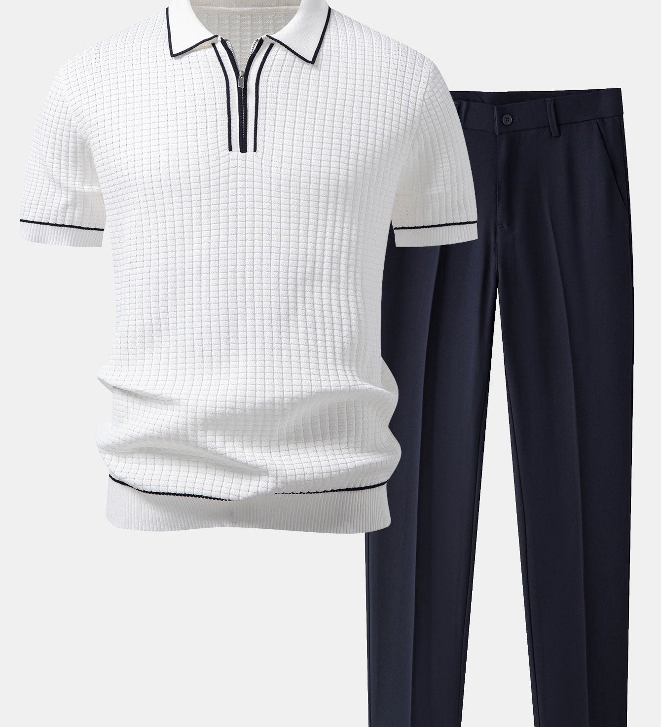 Contrast Trim Waffle Zipper Knit Polo & Slim Fit Tapered Trousers