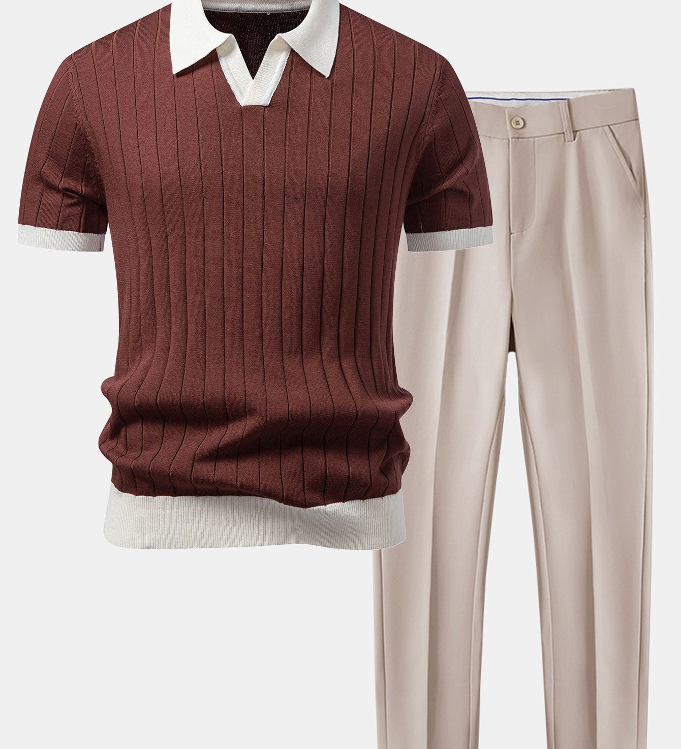 Contrast Trim Stripe Johnny Collar Polo & Slim Fit Tapered Trousers
