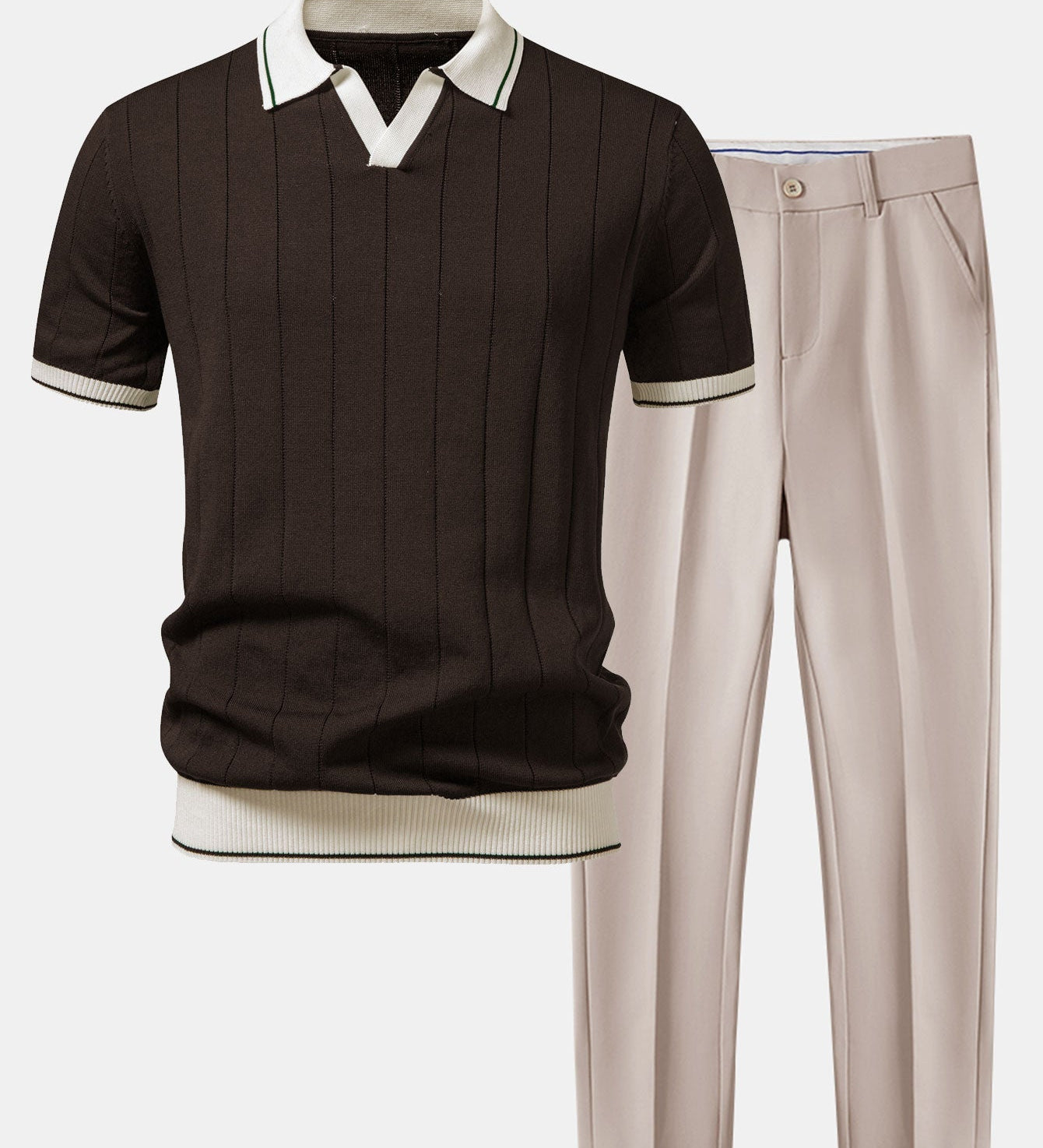 Contrast Trim Ribbed Johnny Collar Knit Polo & Slim Fit Tapered Trousers