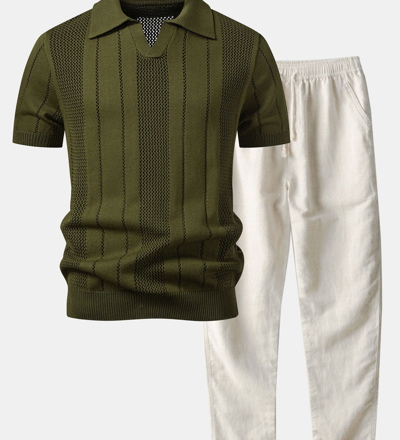 Johnny Collar Striped Open Knit Polo & Straight Leg Linen Pants