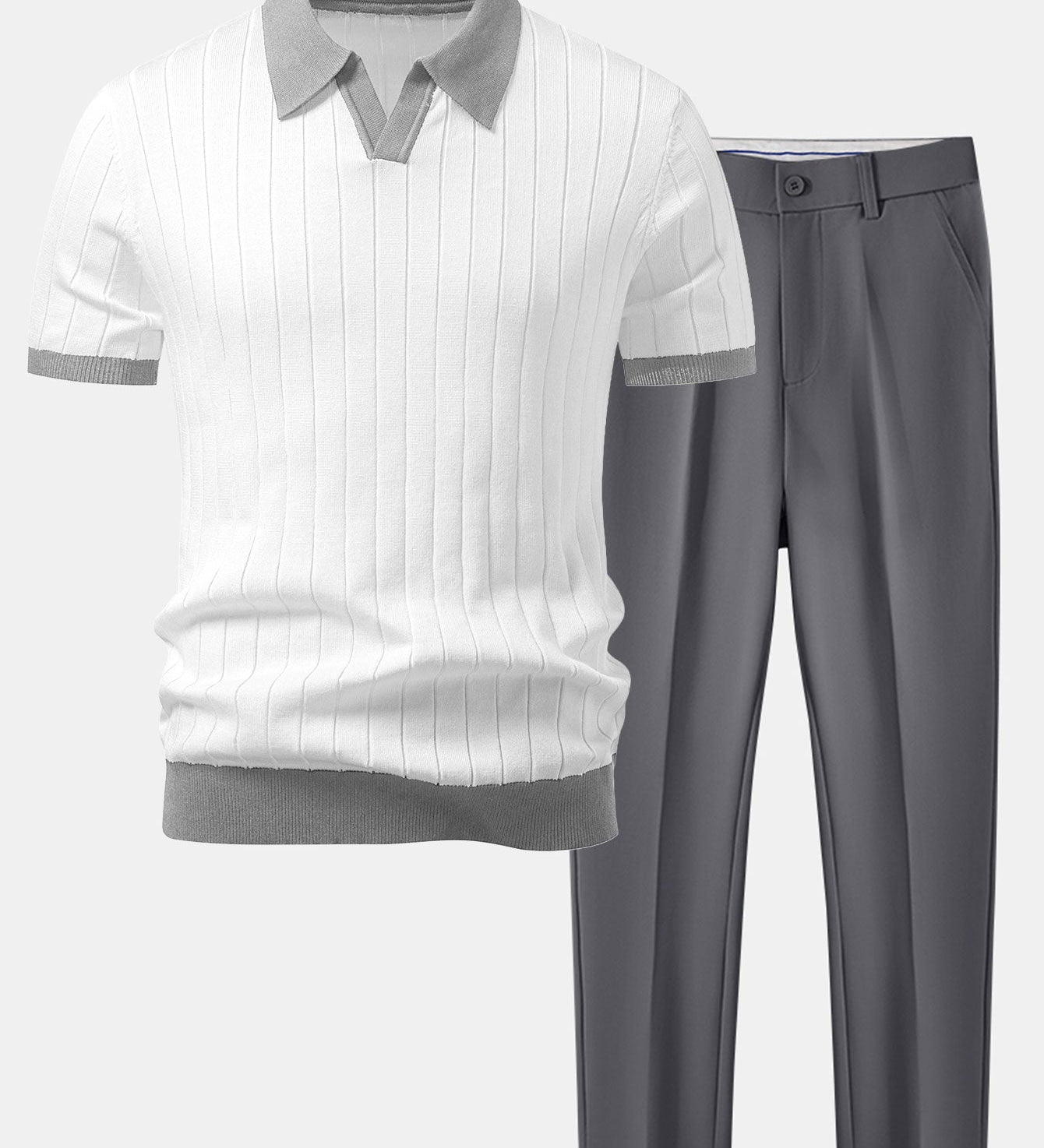 Contrast Trim Stripe Johnny Collar Polo & Slim Fit Tapered Trousers