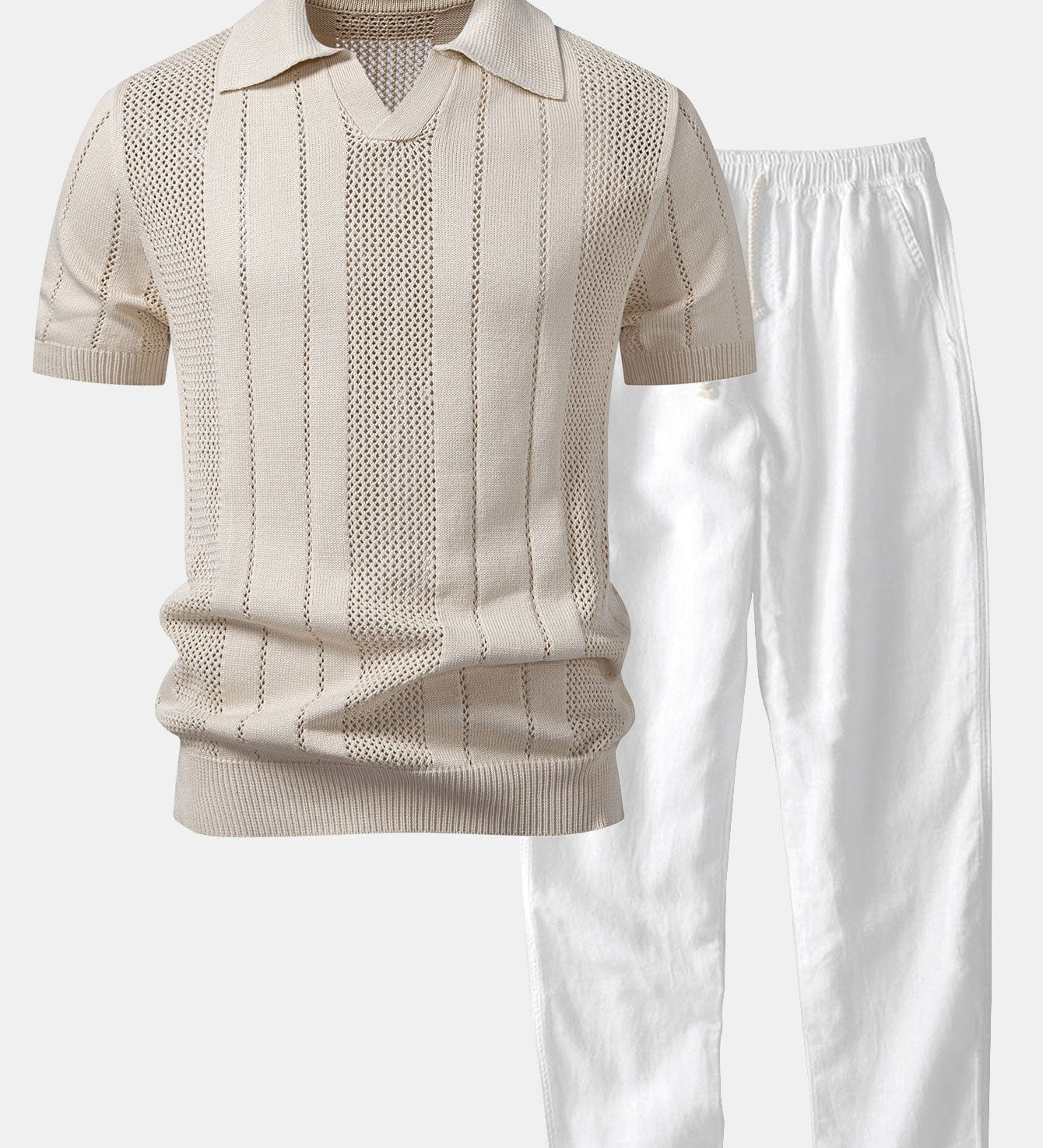 Johnny Collar Striped Open Knit Polo & Straight Leg Linen Pants