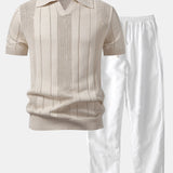 Johnny Collar Striped Open Knit Polo & Straight Leg Linen Pants