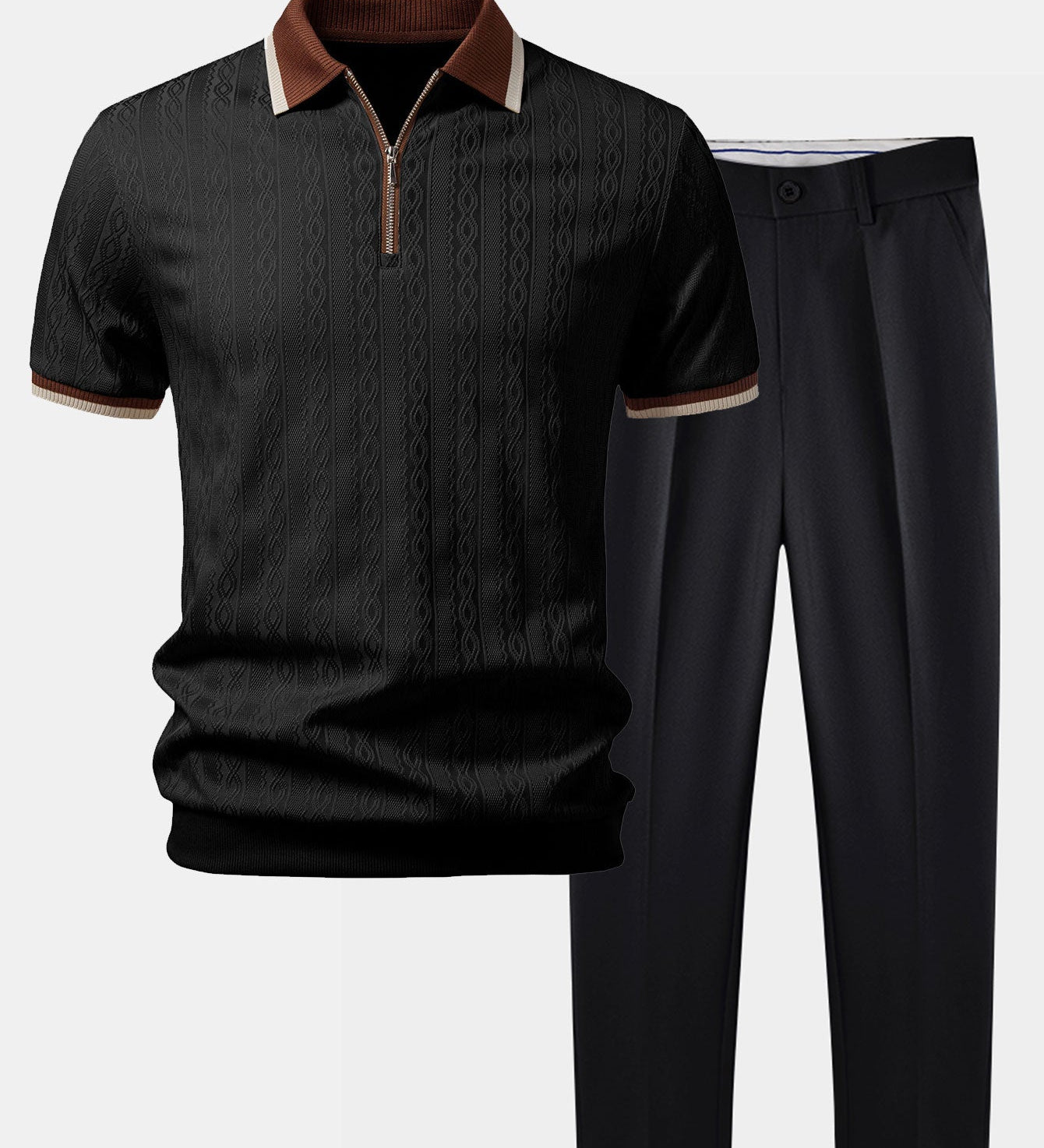 Contrast Trim Textured Zipper Knit Polo & Slim Fit Tapered Trousers