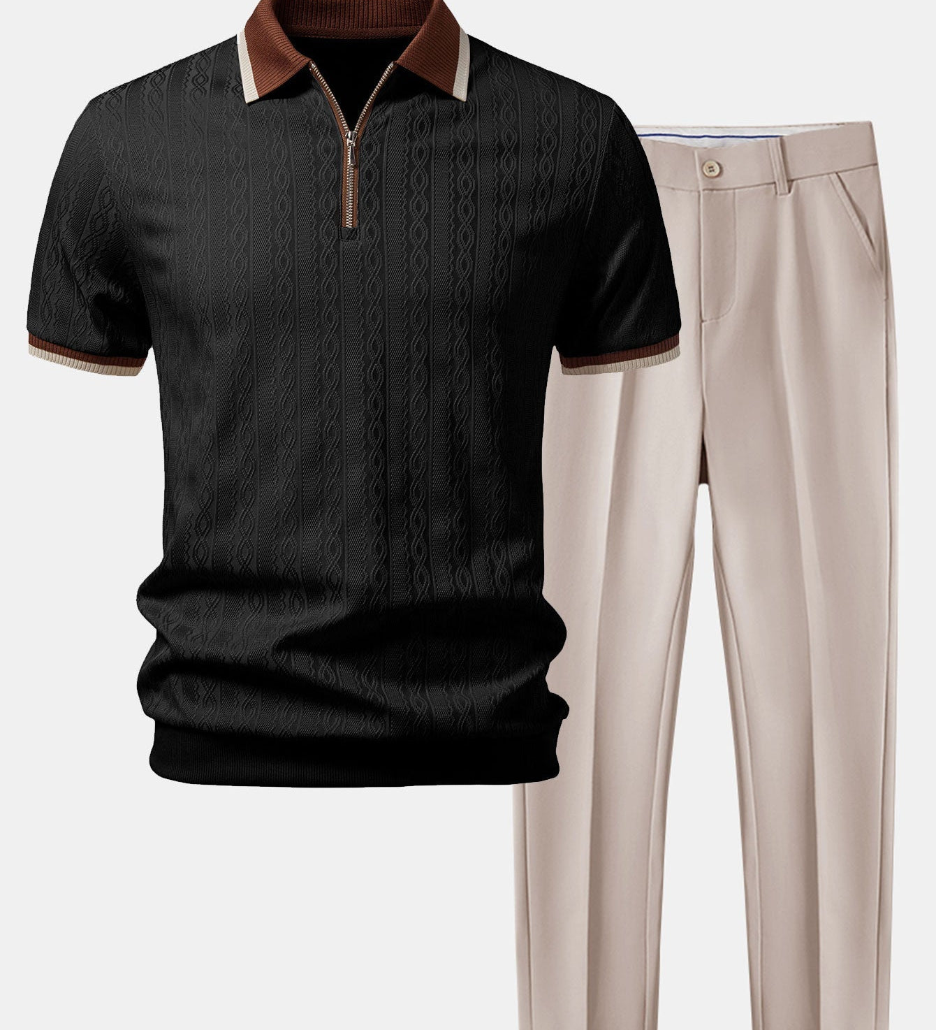 Contrast Trim Textured Zipper Knit Polo & Slim Fit Tapered Trousers