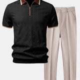 Contrast Trim Textured Zipper Knit Polo & Slim Fit Tapered Trousers