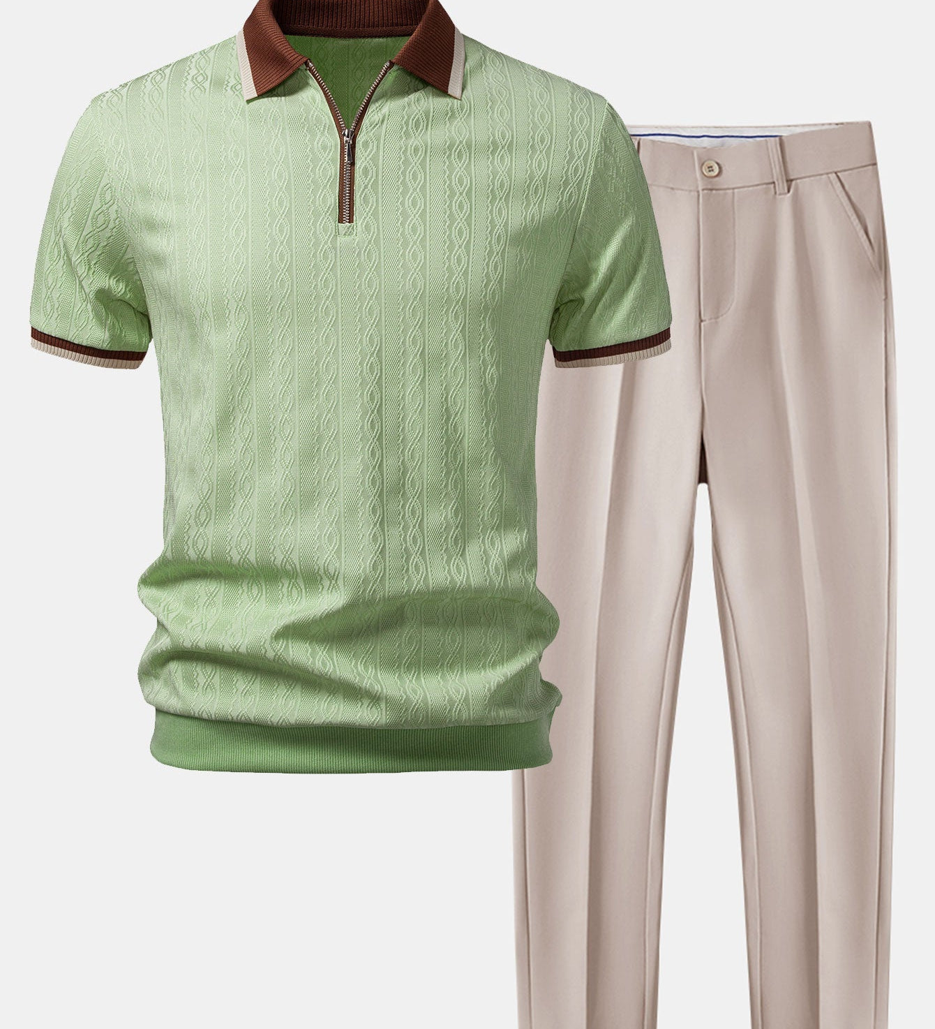 Contrast Trim Textured Zipper Knit Polo & Slim Fit Tapered Trousers