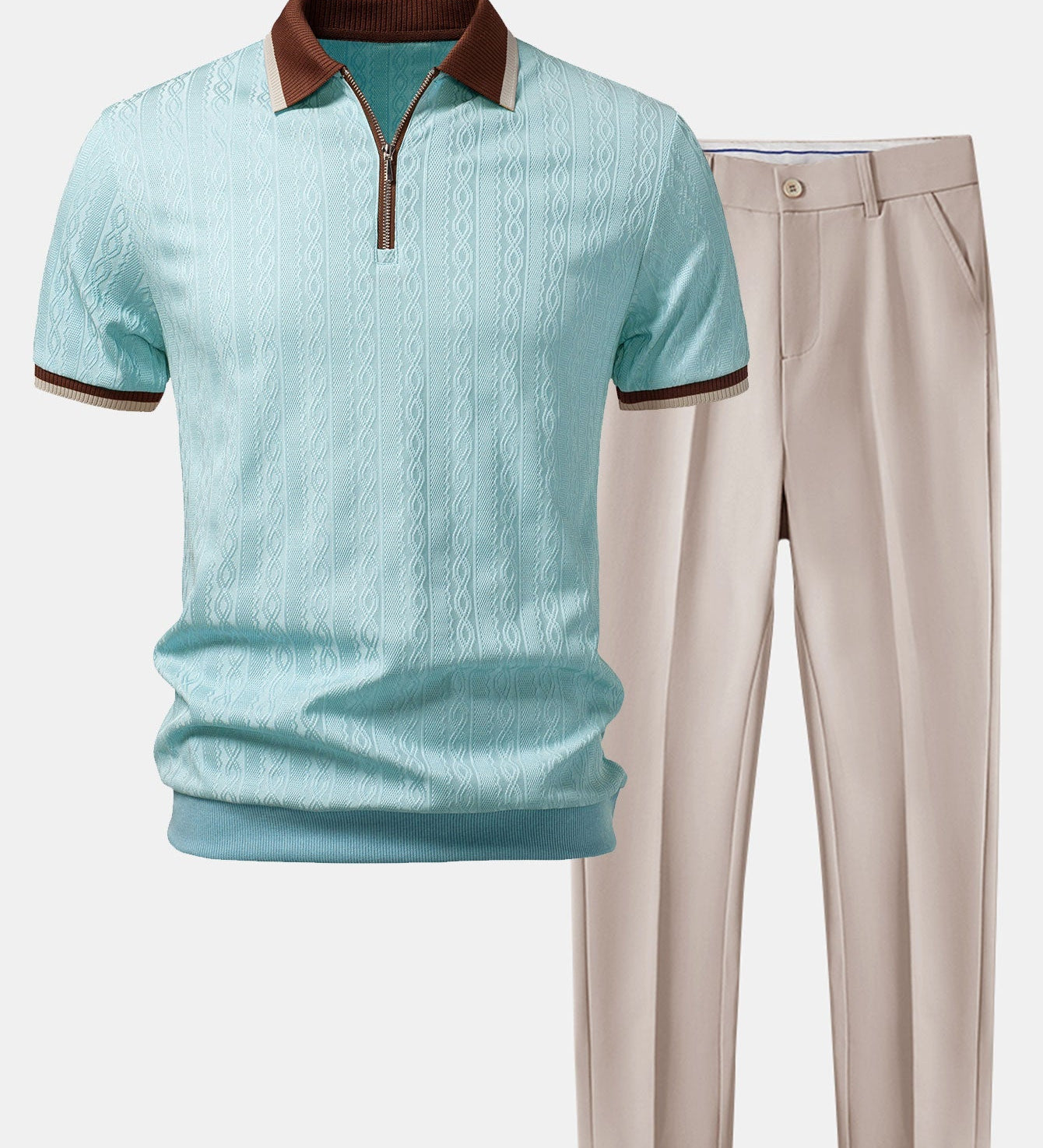 Contrast Trim Textured Zipper Knit Polo & Slim Fit Tapered Trousers