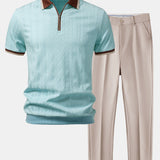 Contrast Trim Textured Zipper Knit Polo & Slim Fit Tapered Trousers