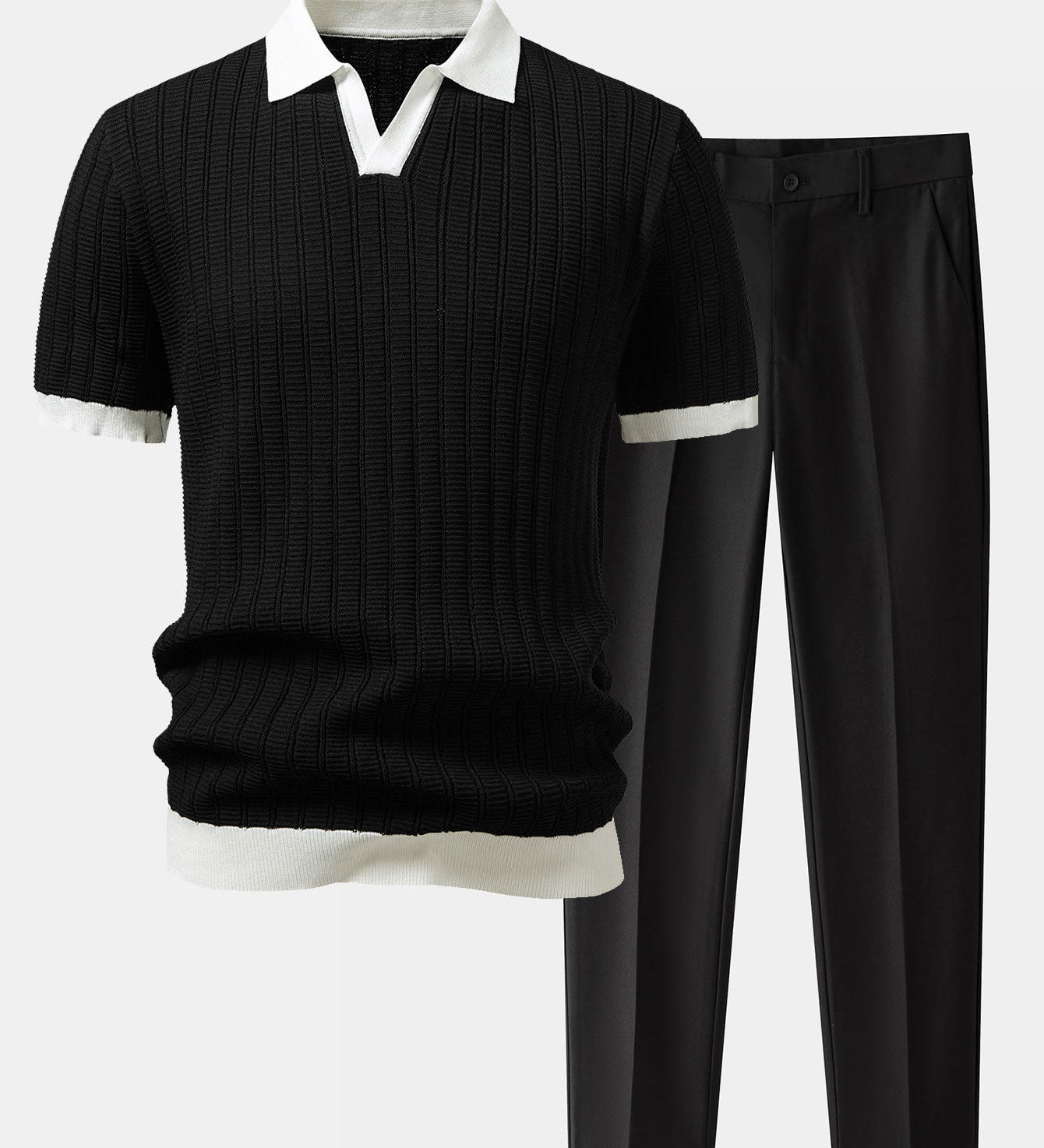 Contrast Textured Johnny Collar Polo & Slim Fit Tapered Trousers