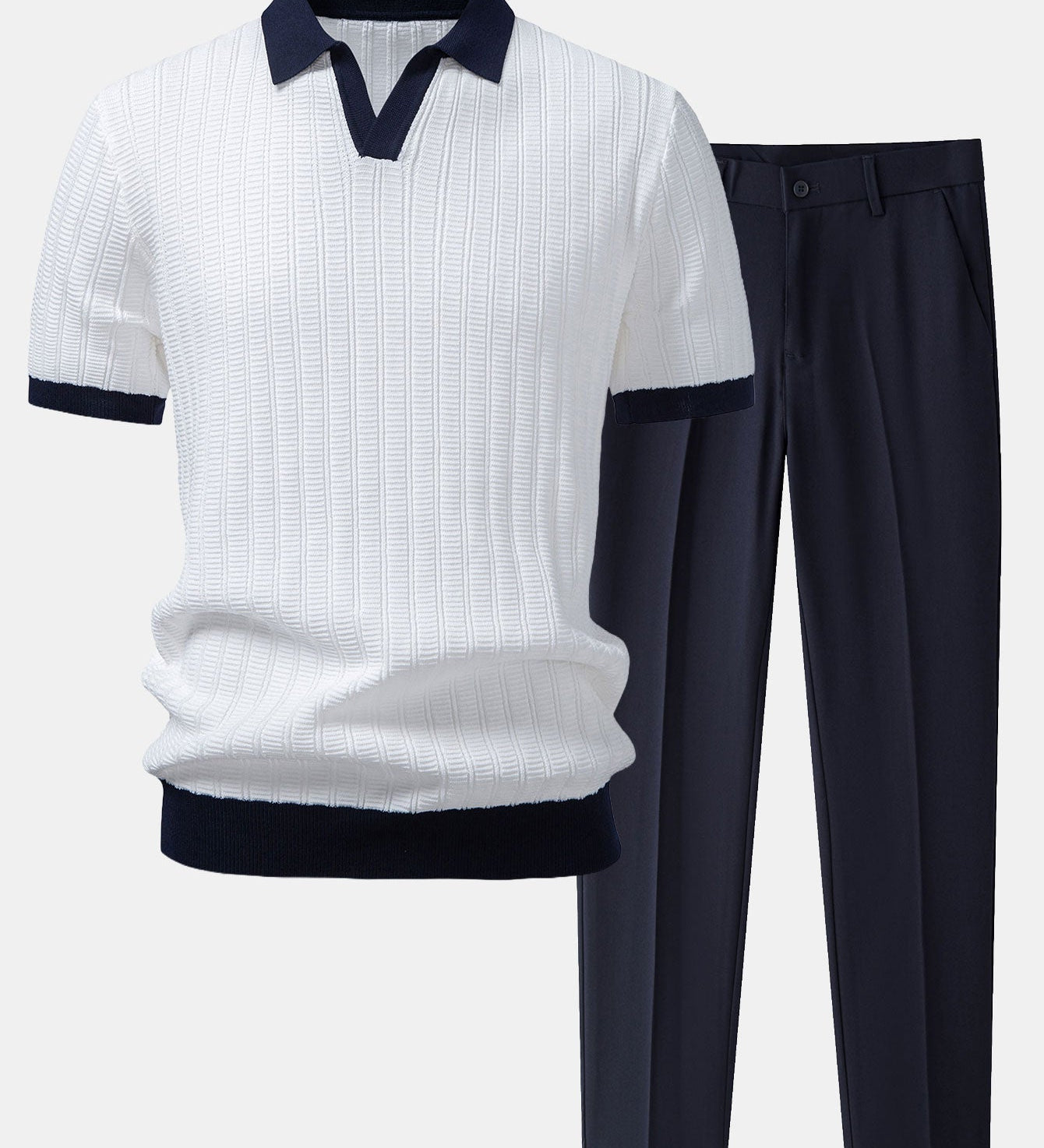 Contrast Textured Johnny Collar Polo & Slim Fit Tapered Trousers